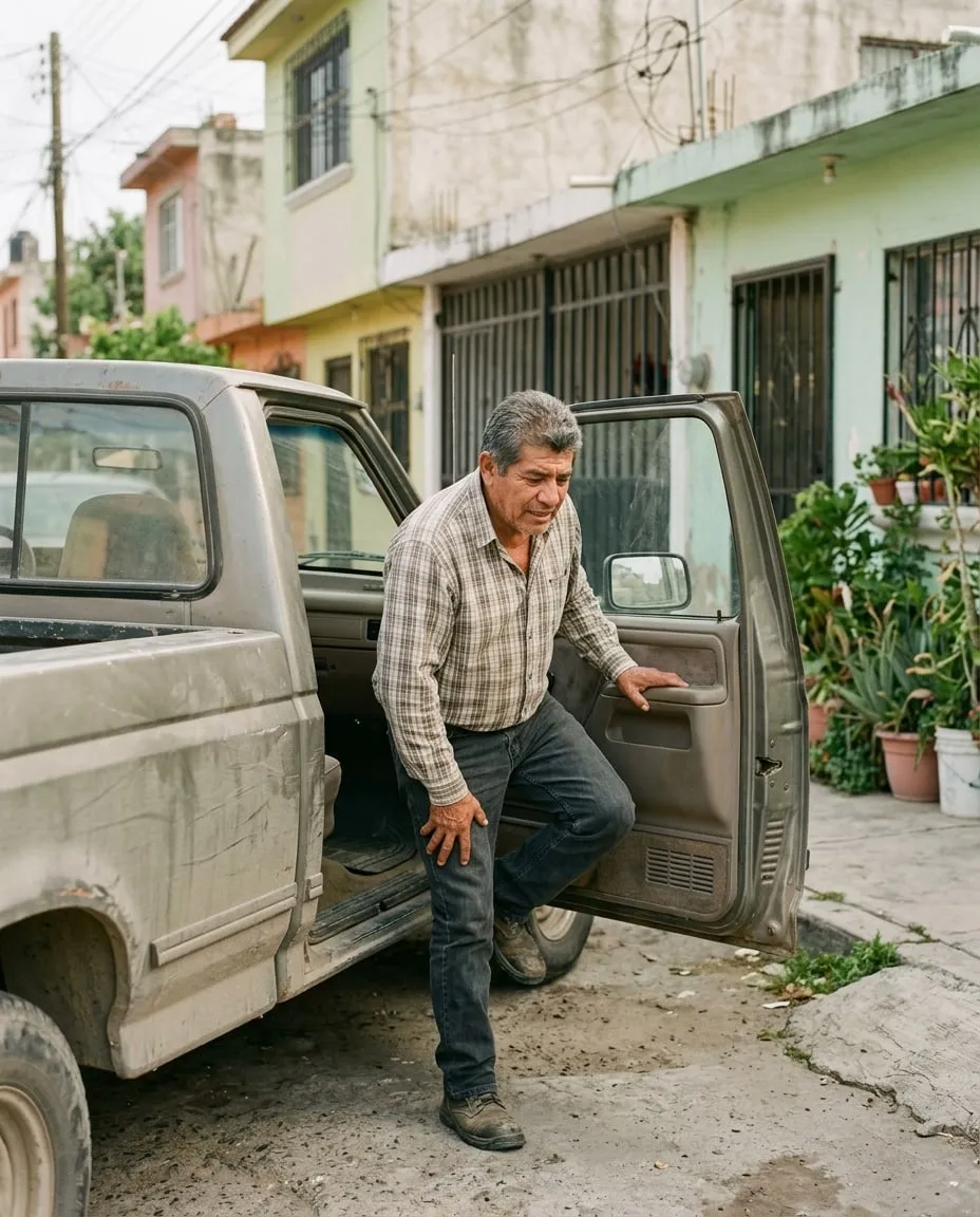Hombre de unos 55 años bajándose con esfuerzo de una camioneta, apoyando la mano en la rodilla