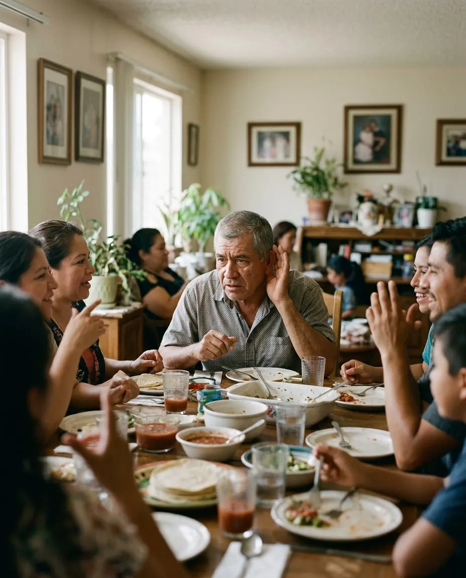 Hombre de unos 60 años en una comida familiar, con la mano detrás de la oreja intentando escuchar