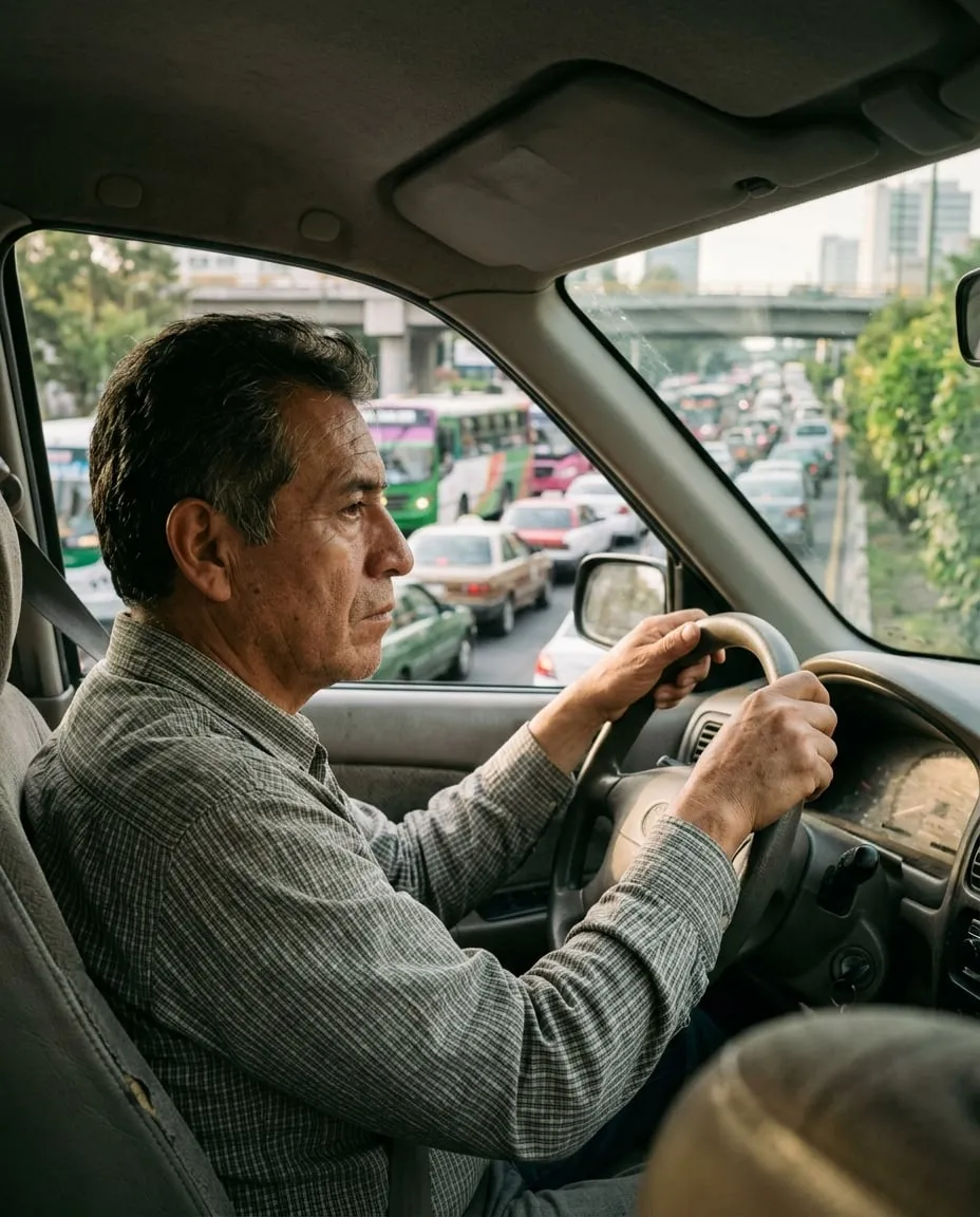 Hombre de unos 55 años atorado en el tráfico de la ciudad, tenso, con las manos en el volante