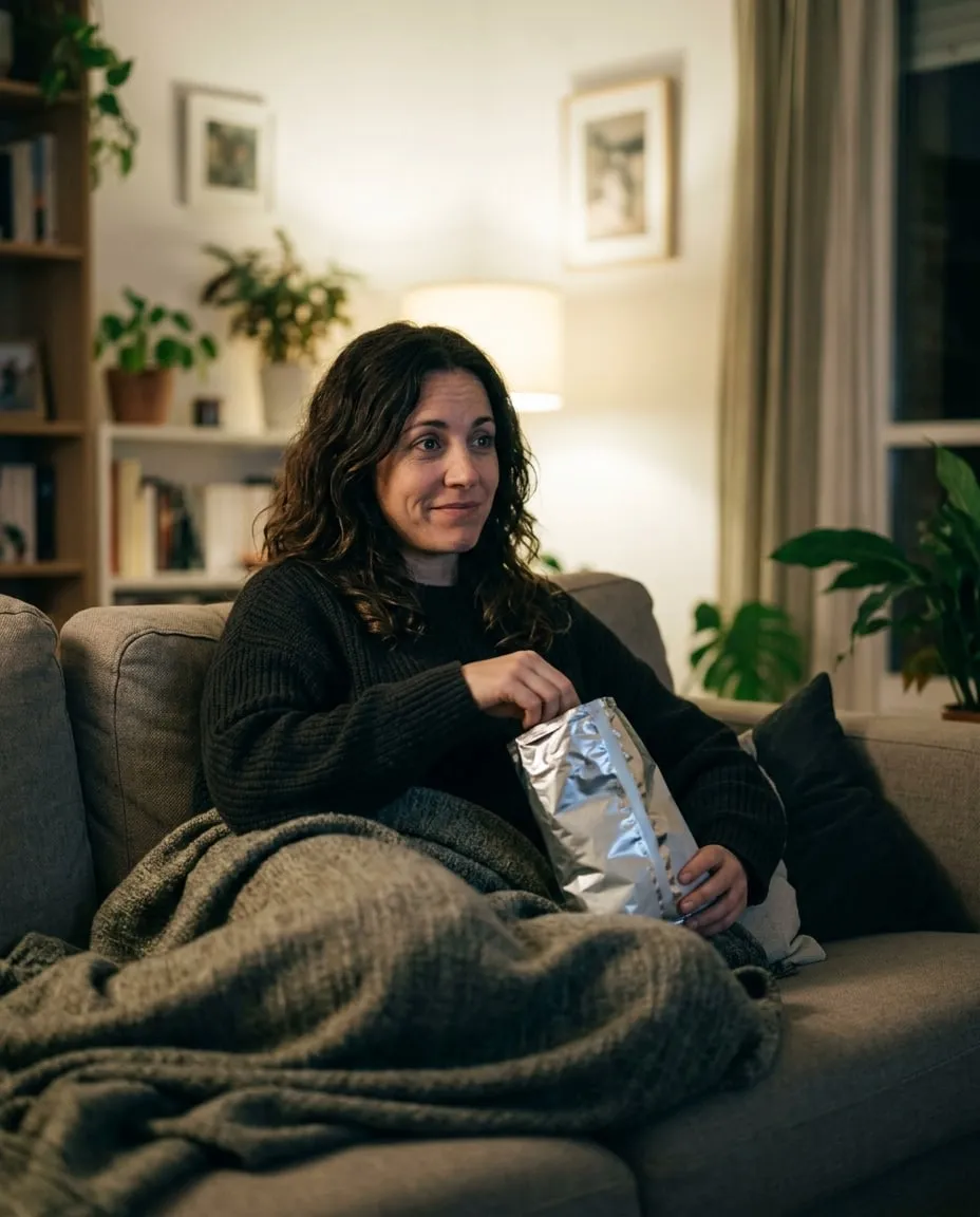 Mujer de unos 40 años en el sofá por la noche comiendo patatas fritas de una bolsa mientras ve la tele