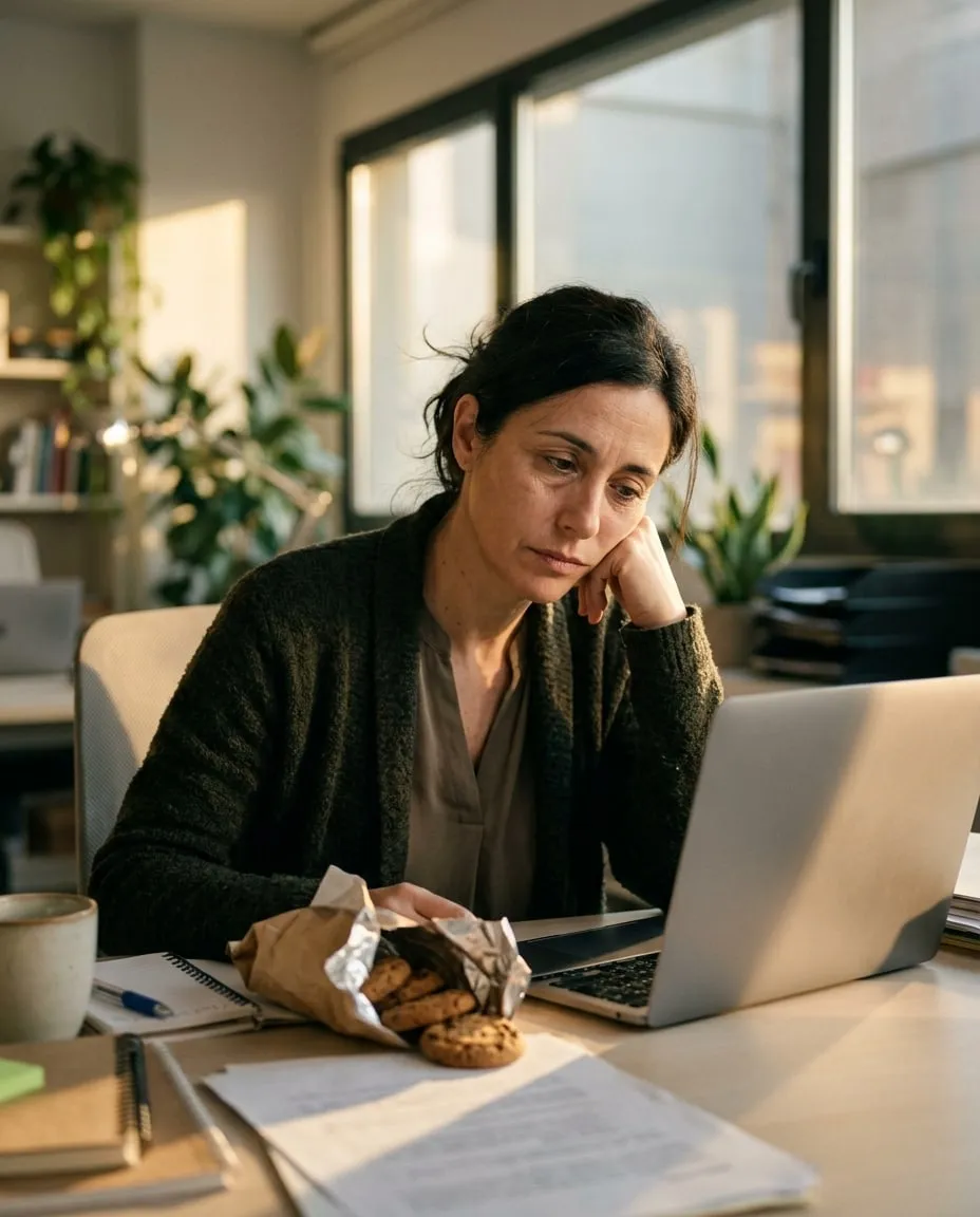 Mujer de unos 45 años en la oficina a media tarde, mirando con ganas una bolsa de galletas junto al ordenador