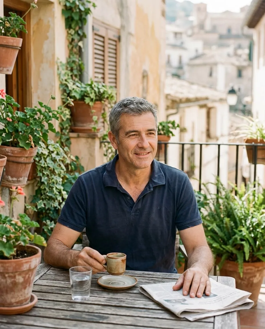 Hombre de unos 55 años, descansado, tomando un café en la terraza de su casa por la mañana