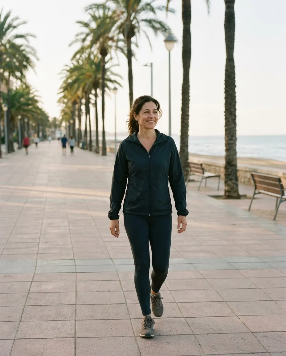 Mujer de unos 45 años sonriente, con ropa deportiva, volviendo de caminar por un paseo junto al mar
