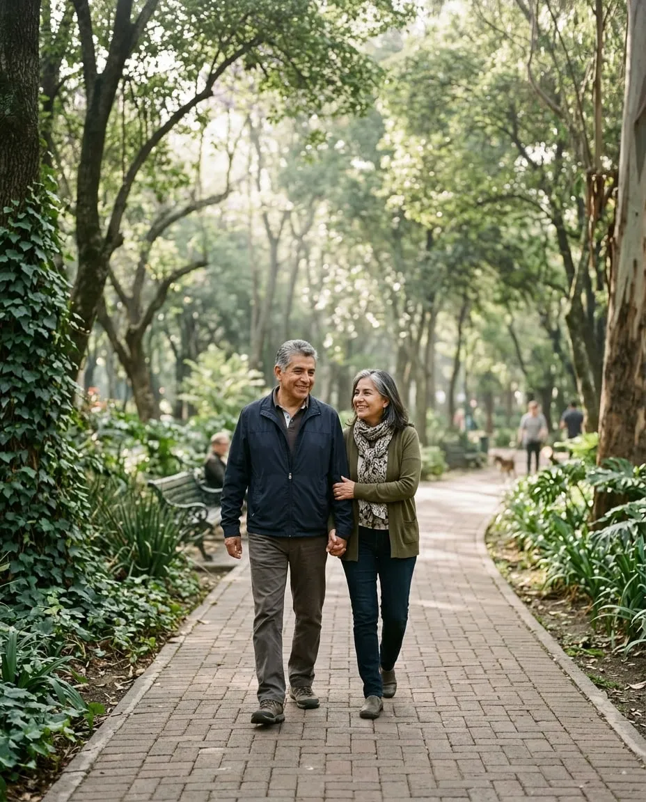 Hombre de unos 55 años caminando tranquilo por un parque en la mañana junto a su esposa