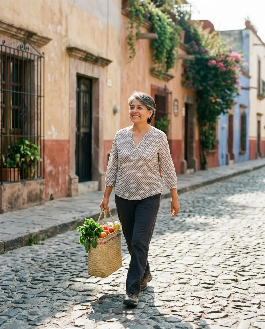Mujer de unos 60 años caminando sonriente por una calle empedrada con su bolsa del mandado