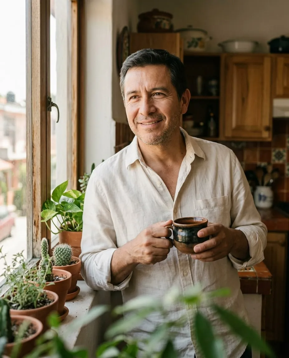 Hombre de unos 55 años, descansado, tomando café junto a la ventana en la mañana