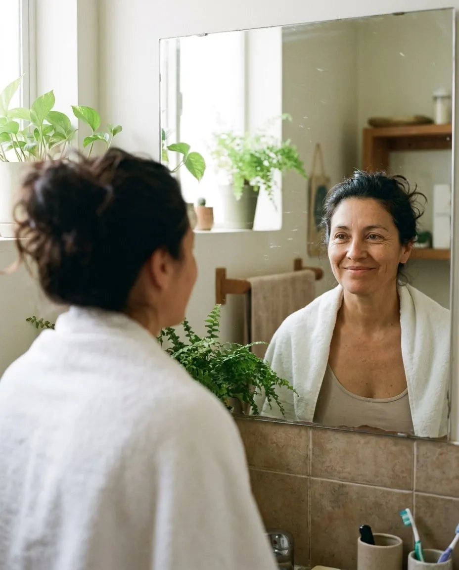 Mujer chilena de unos 45 años sonriente frente al espejo del baño en la mañana, con la piel luminosa