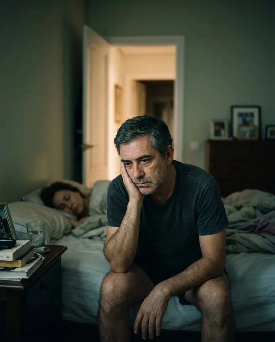 Hombre de unos 55 años sentado en el borde de la cama de madrugada, a oscuras, con gesto cansado