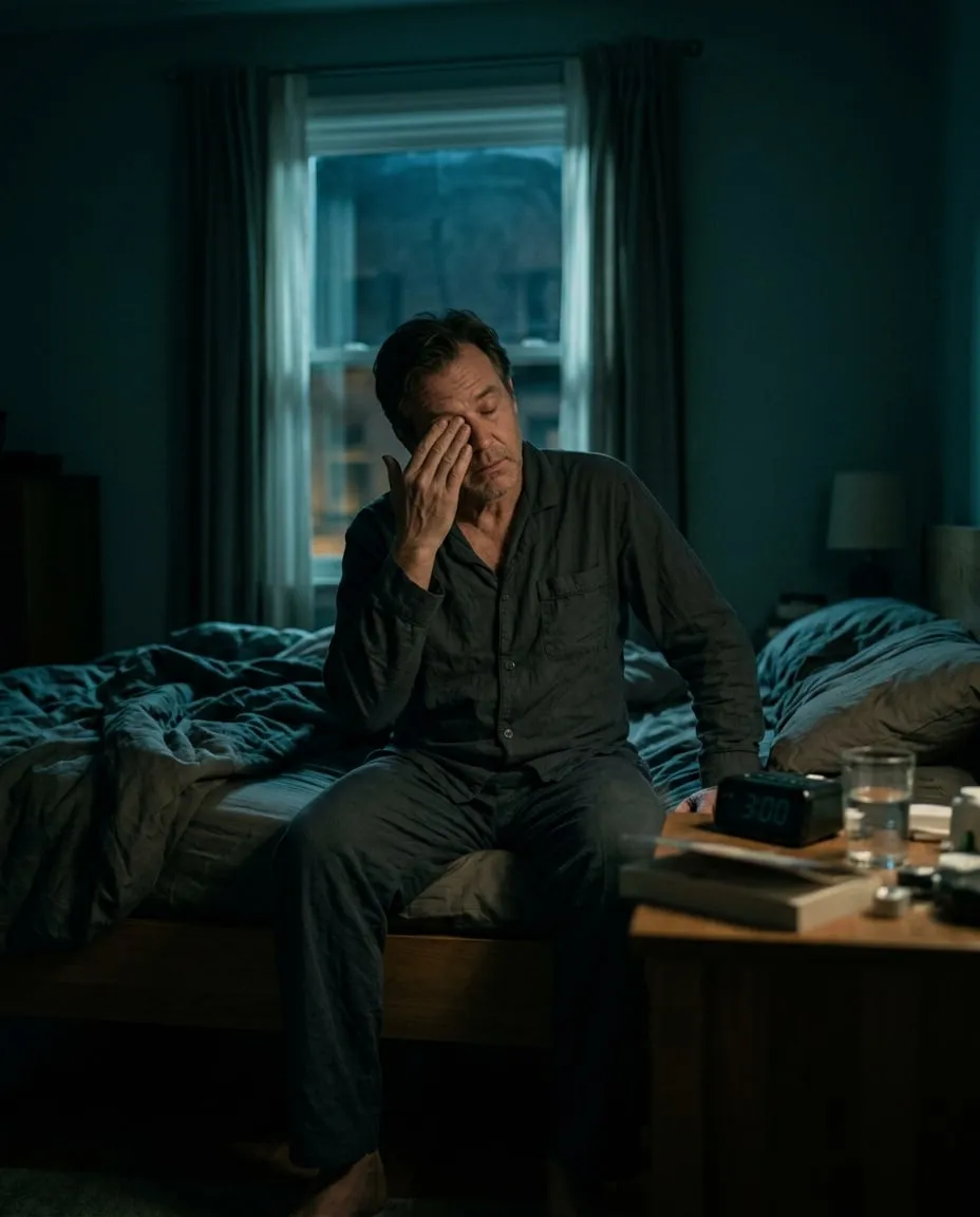 Hombre sentado al borde de la cama de madrugada, cansado, junto a un reloj despertador