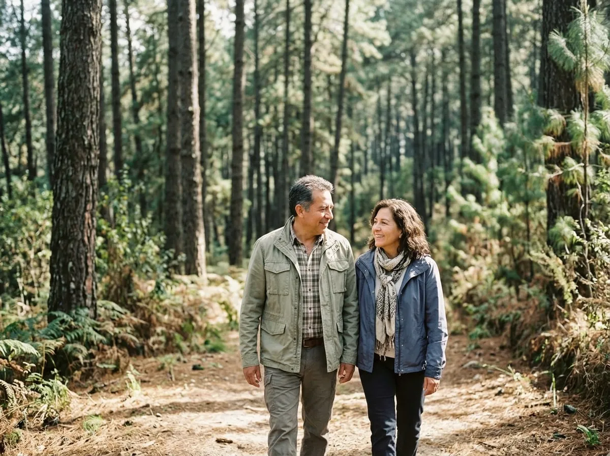 Pareja de unos 55 años caminando por un bosque de pinos en México