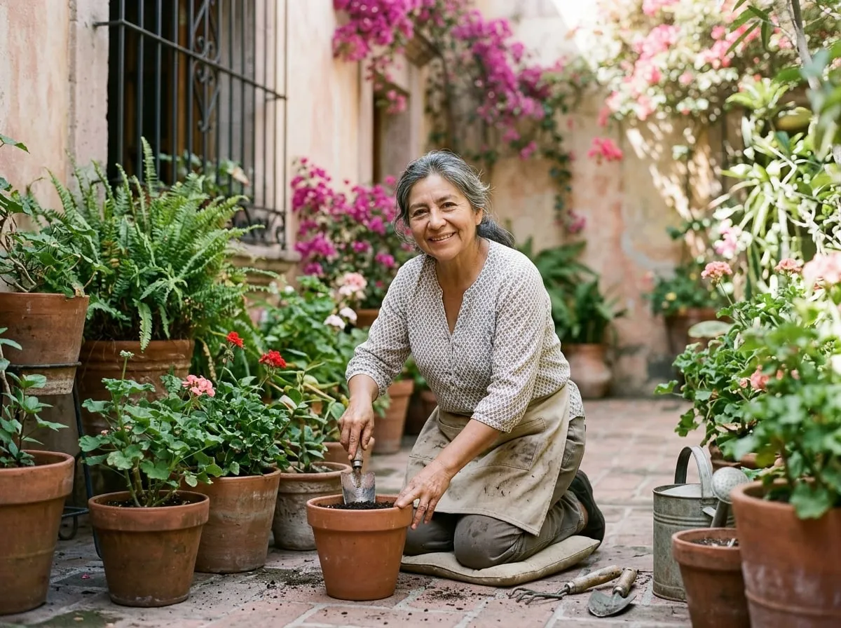 Mujer de unos 60 años arreglando las plantas de su jardín, sonriente