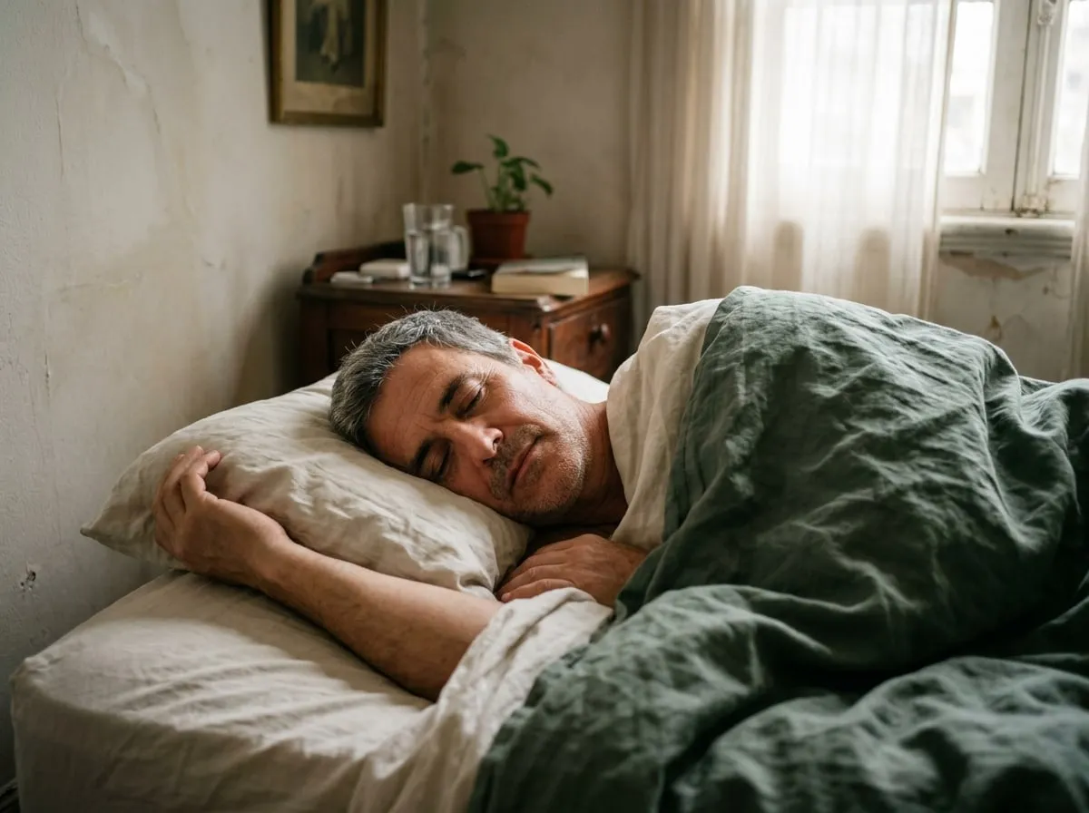 Hombre de unos 50 años durmiendo tranquilo con la luz de la mañana