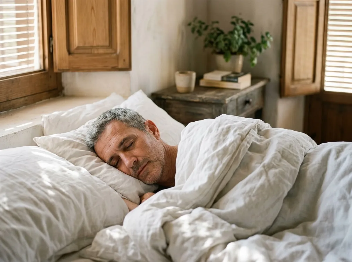 Hombre de unos 55 años durmiendo tranquilo con la luz suave de la mañana