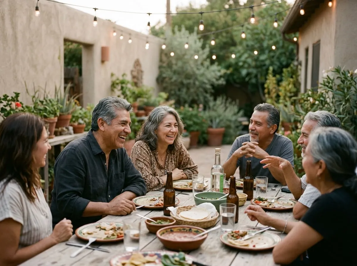 Pareja de unos 60 años riendo con amigos en una mesa al aire libre