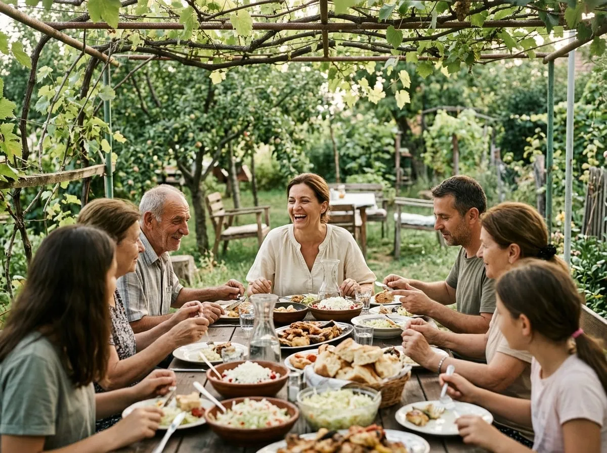 Porodica ruča za stolom u dvorištu, žena od oko 45 godina se smeje