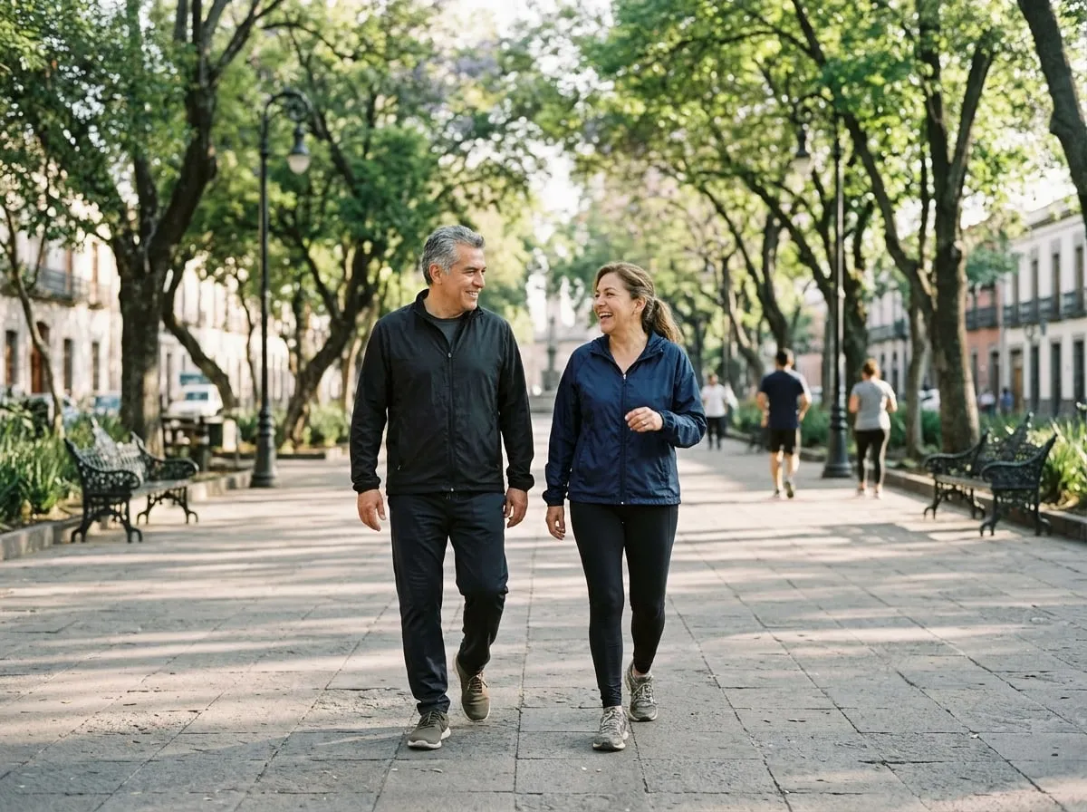 Pareja de unos 55 años caminando a buen paso por una alameda arbolada