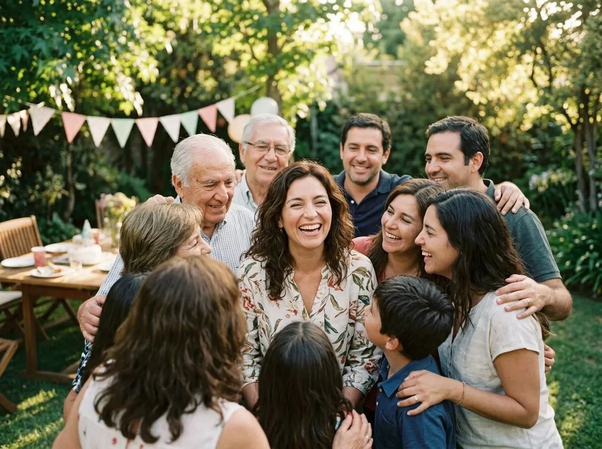 Mujer de unos 45 años riendo en una foto familiar en un jardín