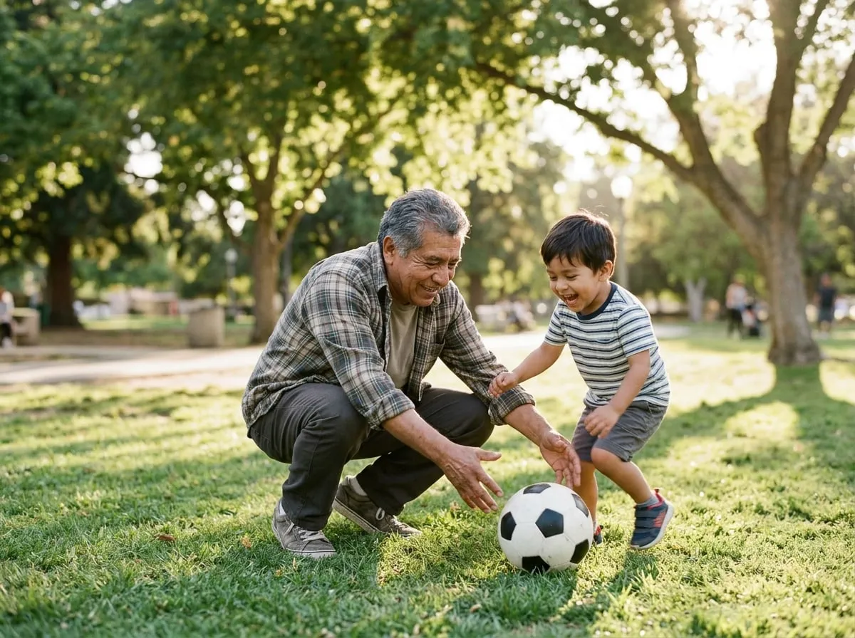 Abuelo jugando futbol con su nieto en un parque