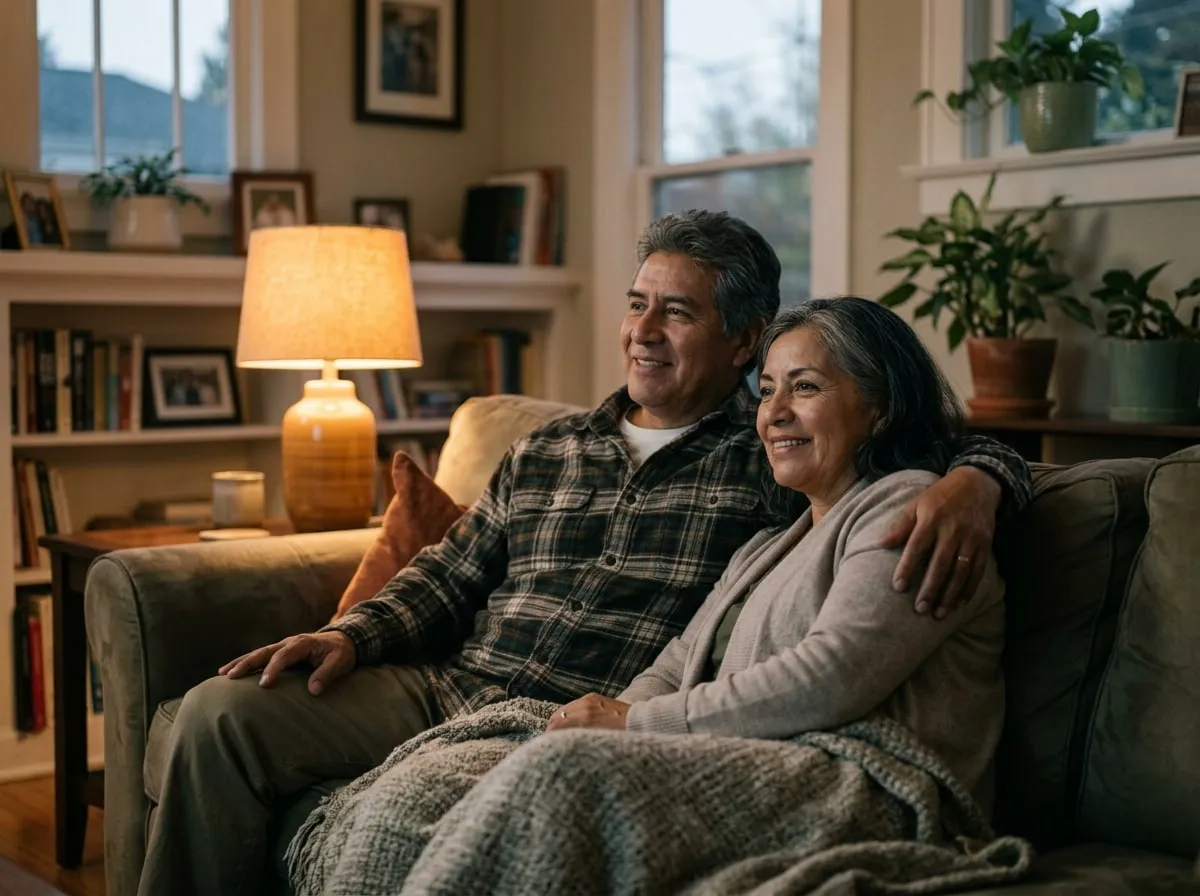 Pareja de unos 60 años viendo la tele juntos en el sillón, relajados