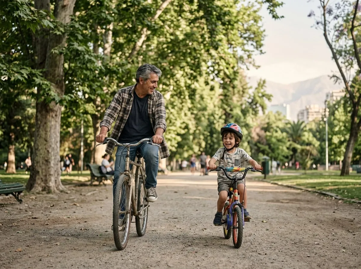 Hombre de unos 50 años andando en bicicleta con su nieto por un parque