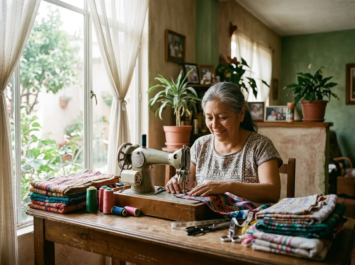 Mujer de unos 60 años cosiendo en su máquina junto a la ventana, sonriente