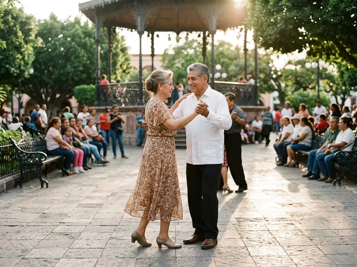 Pareja de unos 60 años bailando danzón en la plaza del pueblo
