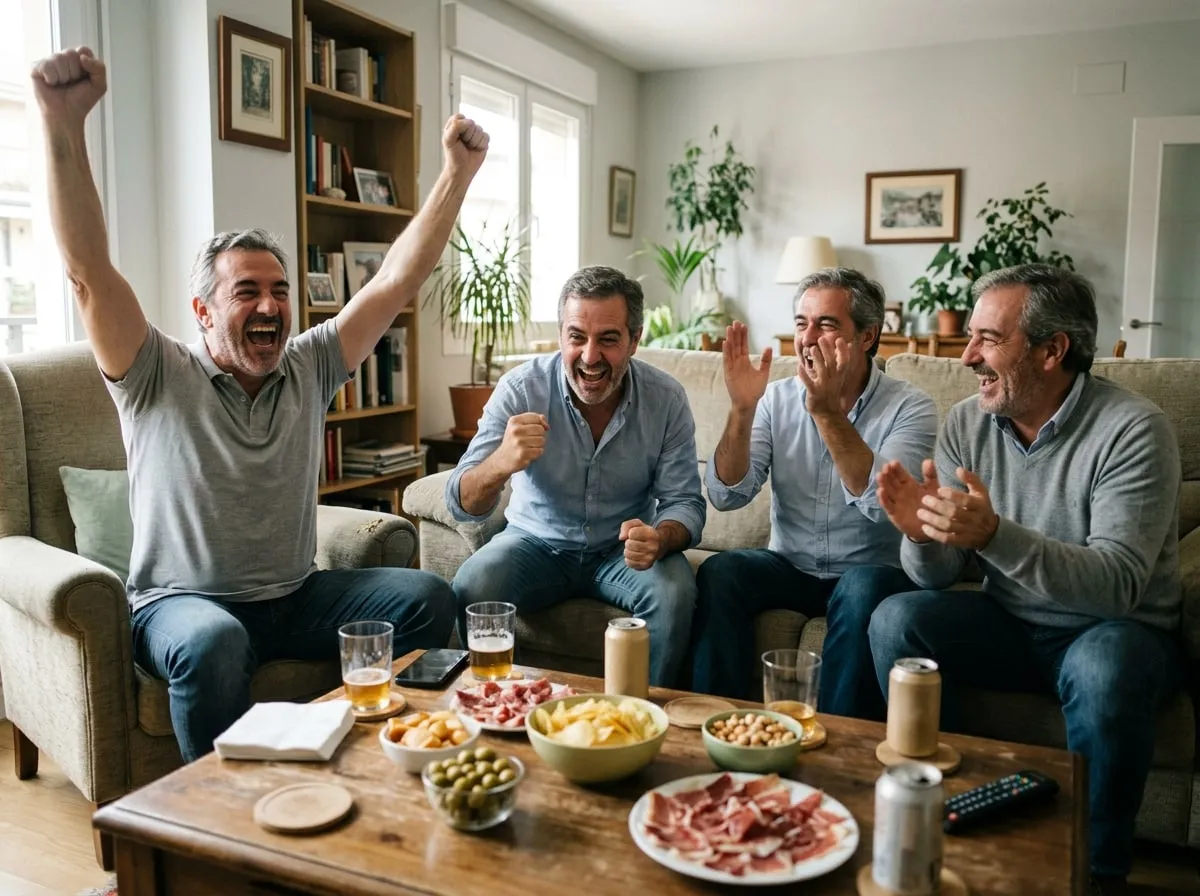 Grupo de amigos de unos 55 años celebrando un gol en el salón de casa