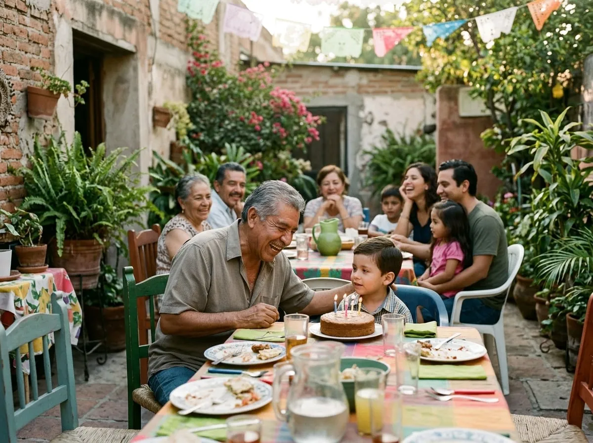 Abuelo de unos 60 años celebrando el cumpleaños de su nieto en el patio de su casa
