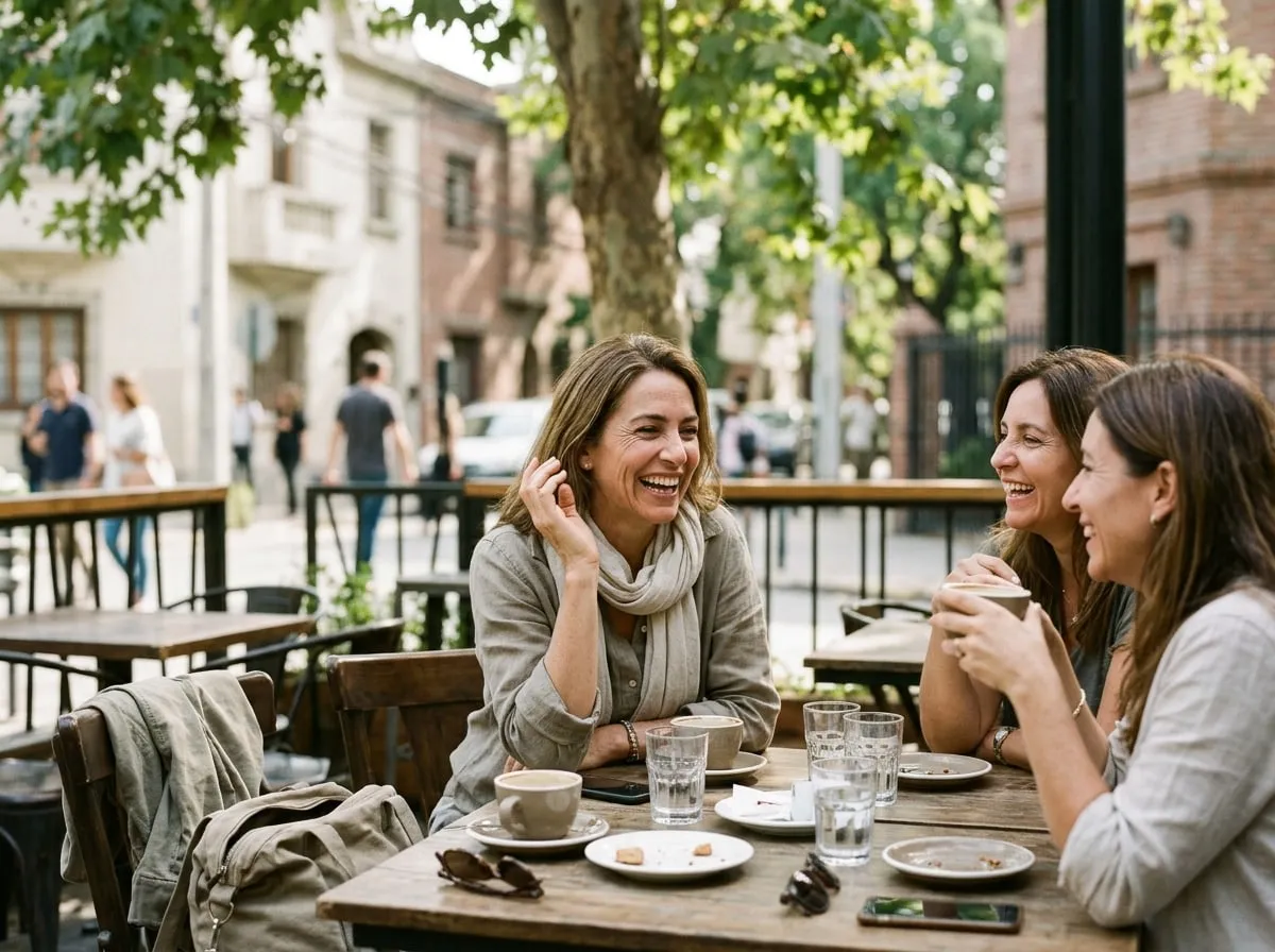 Mujer de unos 45 años conversando con amigas en un café de Santiago