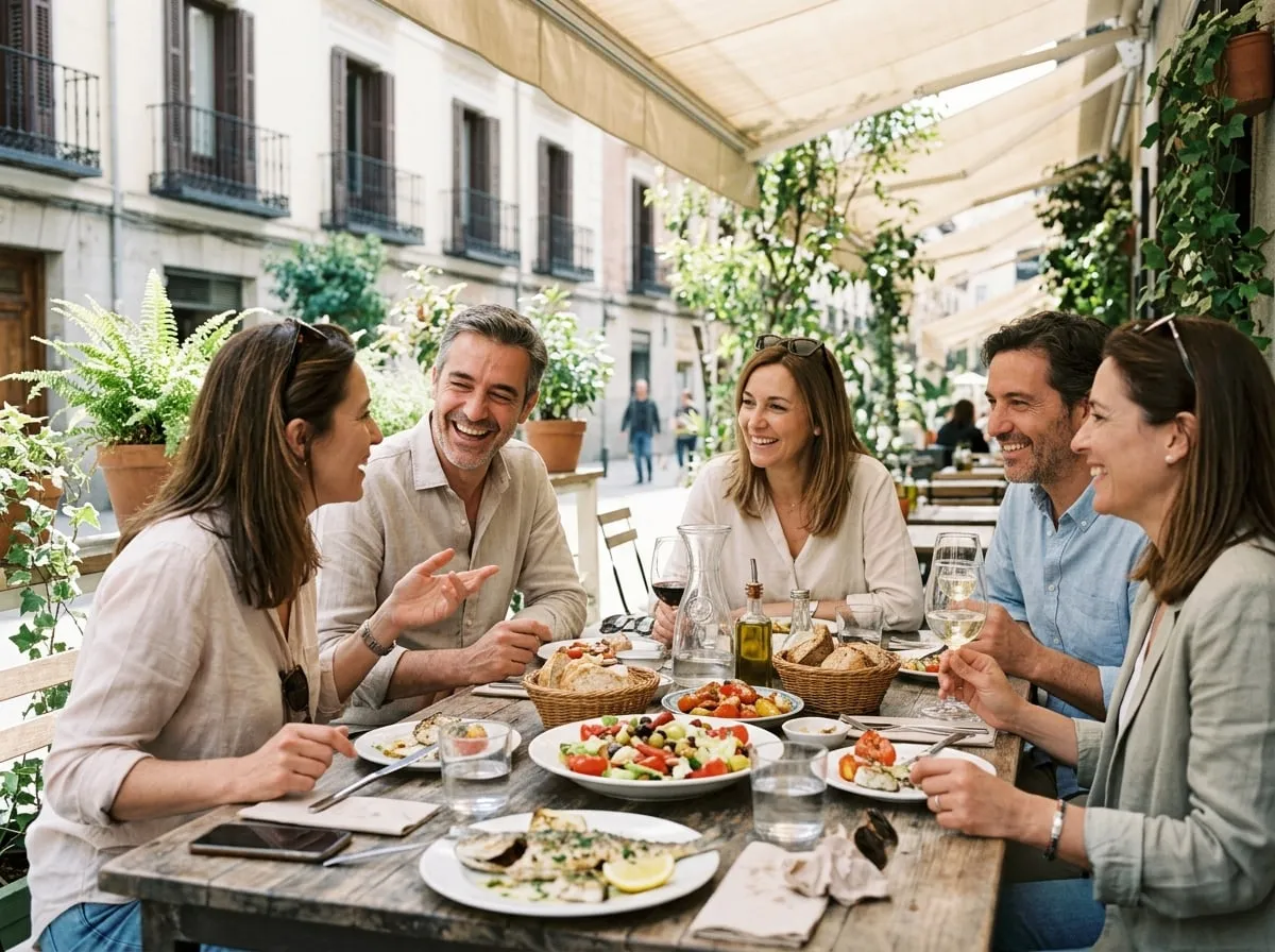 Grupo de amigos de unos 45 años comiendo en una terraza soleada