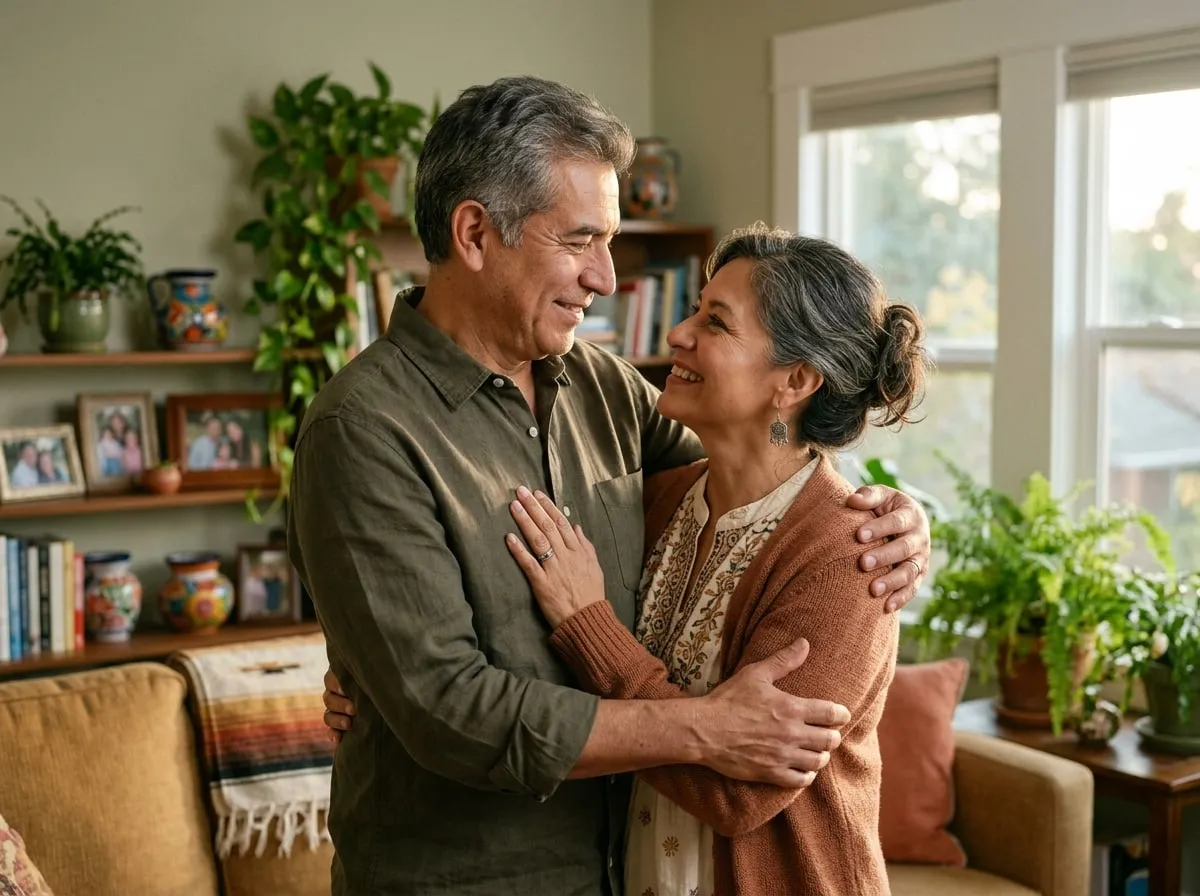 Pareja abrazada y sonriente en su sala