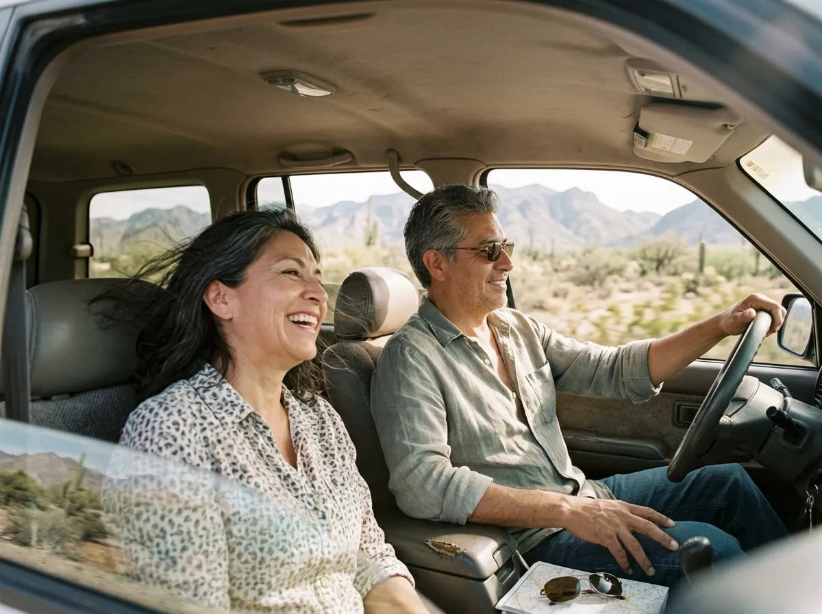 Pareja contenta en un viaje por carretera