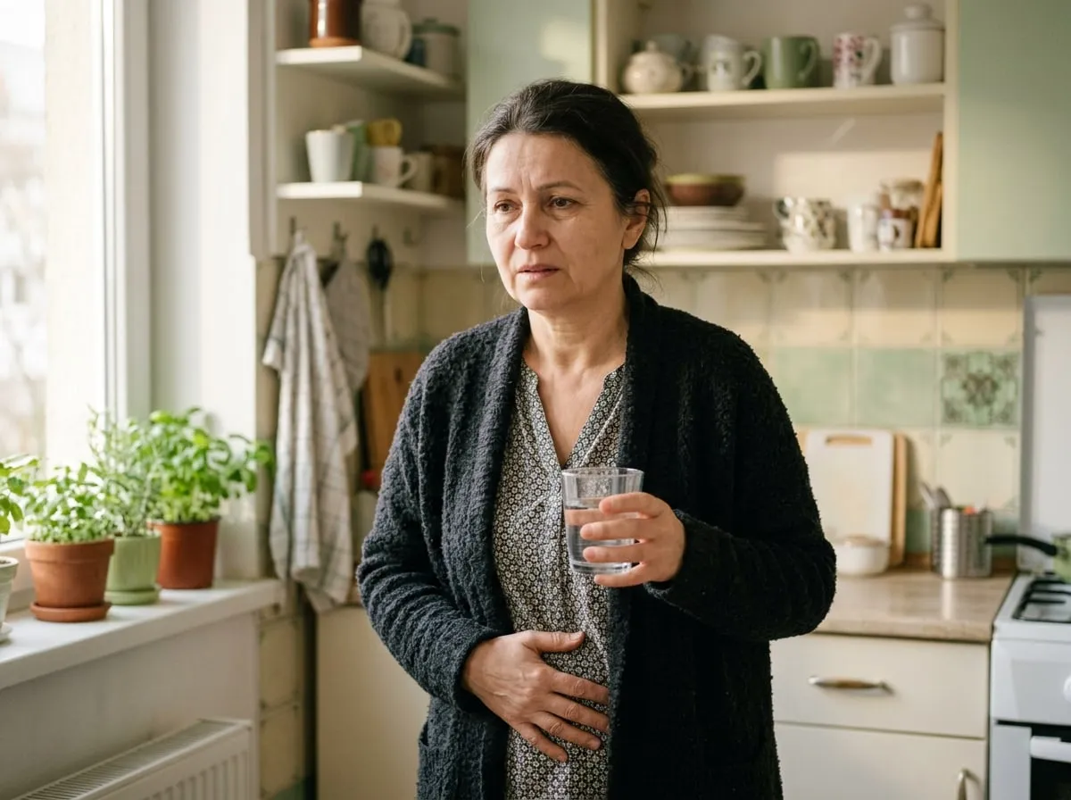 Femeie de aproximativ 50 de ani în bucătărie, cu mâna pe abdomenul inferior și o expresie de disconfort