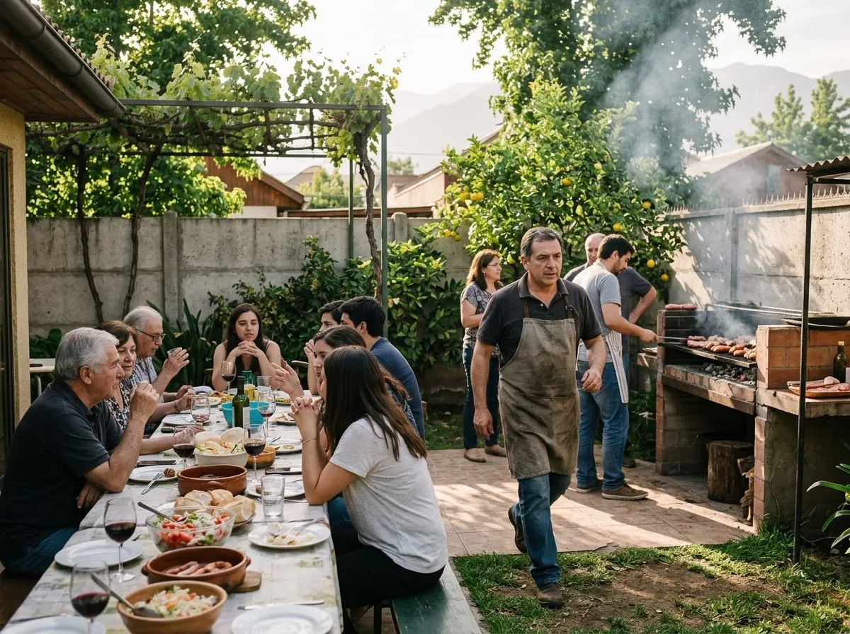 Hombre de unos 50 años en un asado familiar, alejándose de la parrilla para buscar el baño