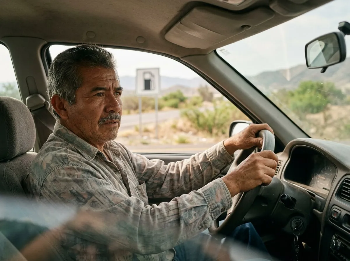 Hombre manejando en carretera mirando el letrero de una gasolinera
