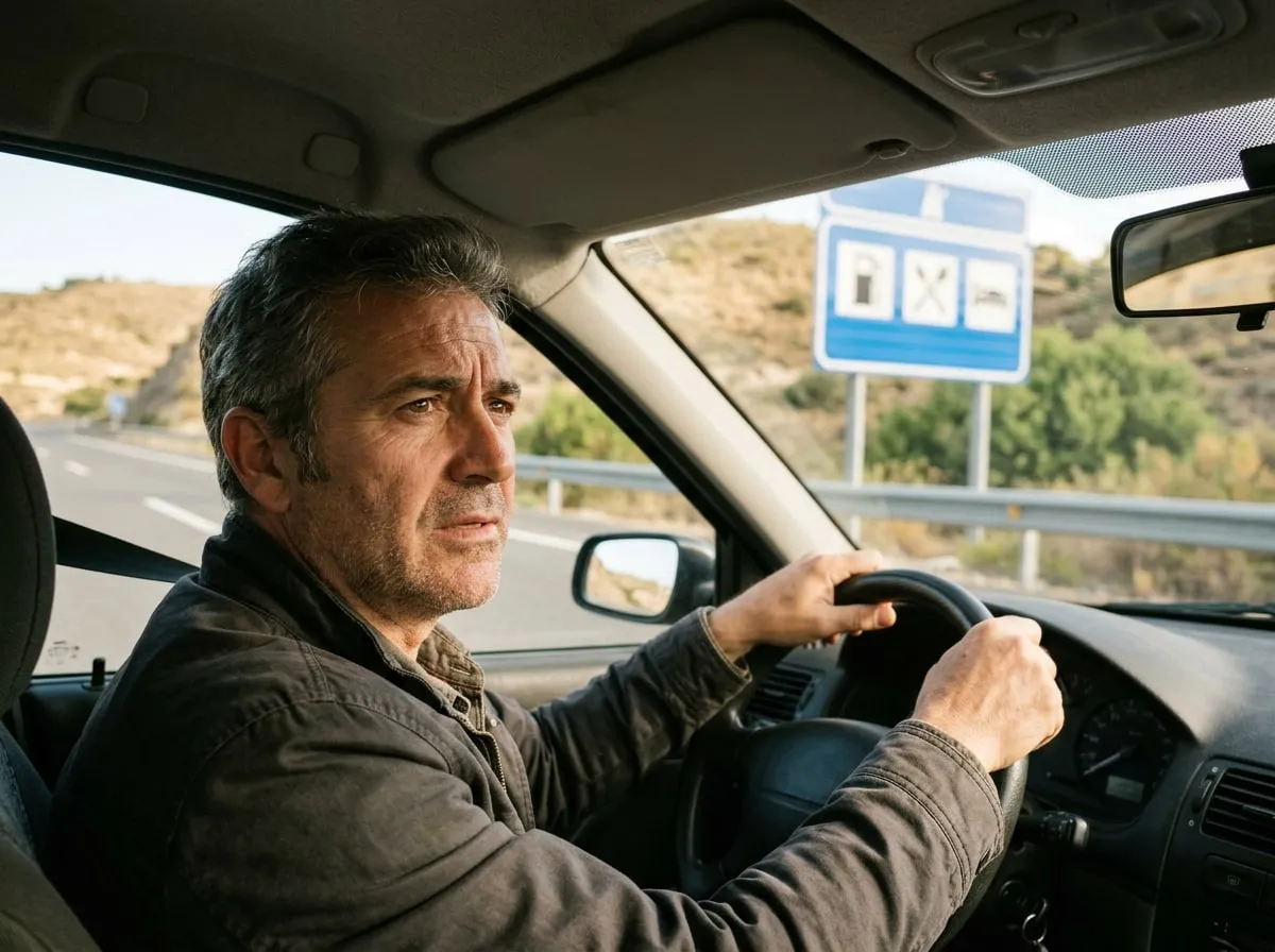 Hombre de unos 55 años conduciendo por una autovía y mirando el cartel de un área de servicio