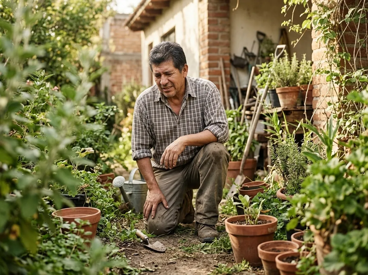 Hombre de unos 55 años arrodillado en su jardín con una mano en la rodilla, con gesto de molestia